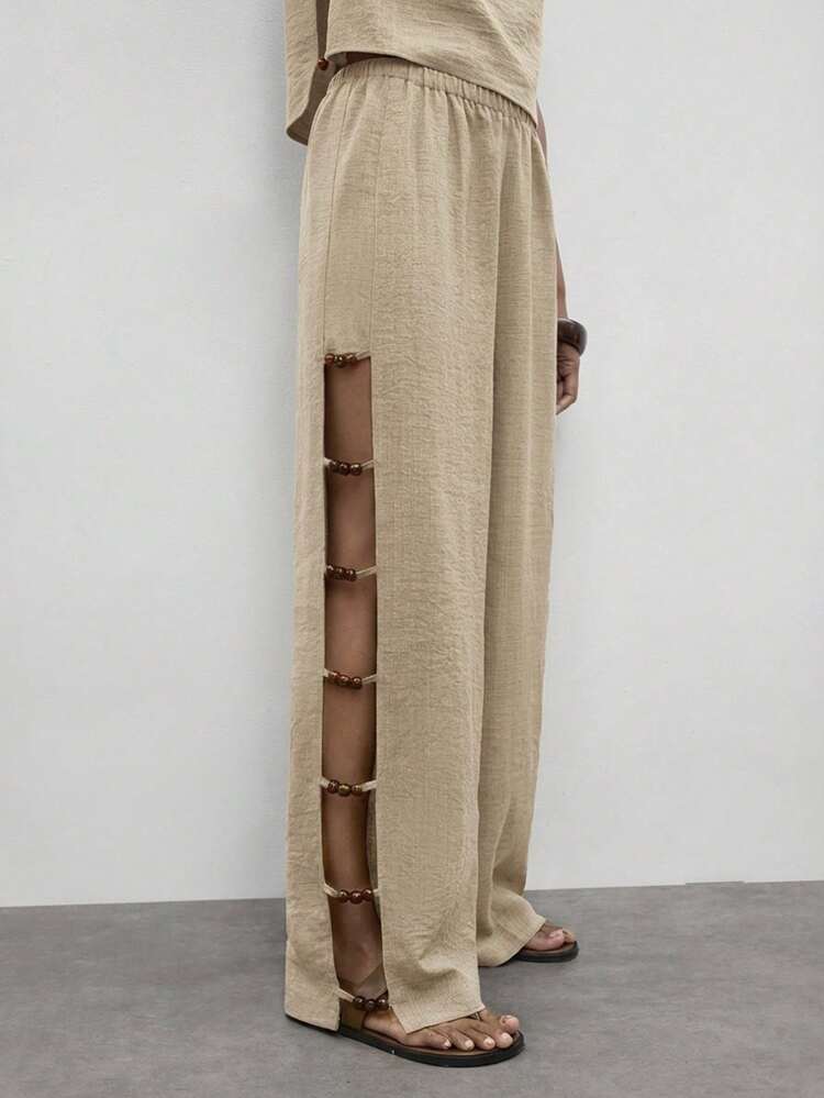 SHEIN Maija Women's Fashionable Vacation Style Beaded Hollow Out Loose Wide Leg Pants, Spring/Summer