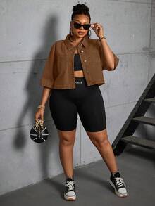 Slaydiva Plus Size Women Denim Jacket, Sleeveless, Cropped, Non-Stretch - Brown - View 5