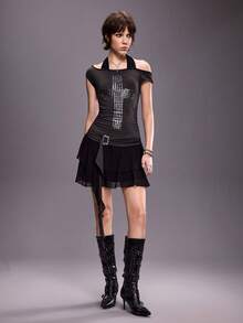 ROMWE Grunge Punk Vestido mini asimétrico con tirantes de metal con lentejuelas, estilo punk, para primavera/verano y festivales - Multicolor - Ver 1