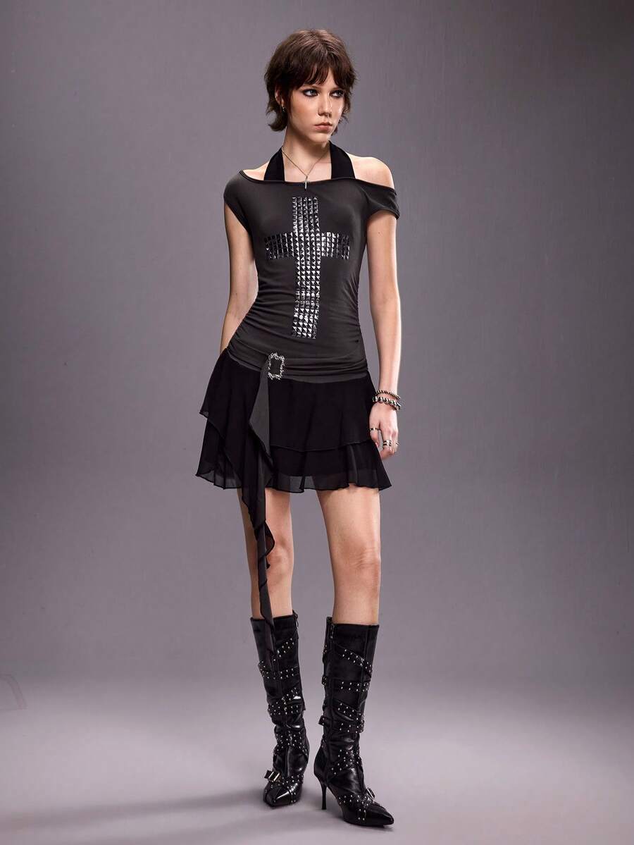 ROMWE Grunge Punk Vestido mini asimétrico con tirantes de metal con lentejuelas, estilo punk, para primavera/verano y festivales - Multicolor - Ver 1