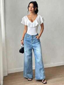 SHEIN Raffinéa Fashionable & Elegant Women's Casual Solid Color Chiffon Ruffle Trim Bodysuit, White Ruffle Trim Top For Summer - White - View 4
