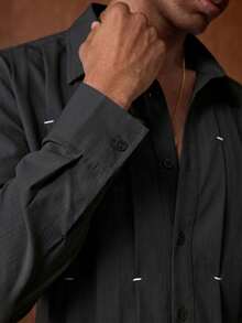 AKNOTIC Men's Black Pleated Embroidered Contrast Color Loose Long Sleeve Shirt, Business Casual Holiday Boyfriend Father's Day Gift, Summer Contrast Embroidered Turndown Collar Button-Up Formal New - Black - View 6