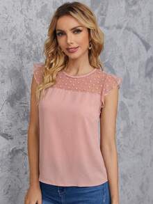 SHEIN Clasi Women's Summer Casual Mesh Patchwork Round Neck Ruffle Hem Blouse,Pink Top - Pink - View 5