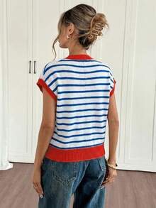 Siren Gaze Women's Striped Round Neck Contrast Color Patchwork Fashionable Versatile Knit Top, Suitable For Daily Commute - Multicolor - View 2