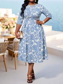 SHEIN Lady 春夏优雅通勤办公彩色针织圆领喇叭袖七分袖大码连衣裙 女士夏季穿搭 女士夏季连衣裙 女士办公穿搭 女士办公连衣裙 - 彩色 - 查看 3