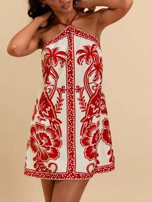Travachic Woven Printed Halter Neck Mini Dress For Women - Red and White - View 7