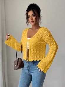 SHEIN Elenzya 女士优雅系带镂空开衫 - 芥末黃 - 查看 6