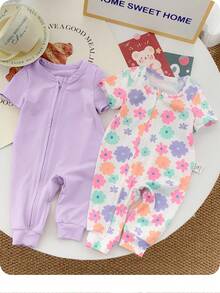 SHEIN 2件套新生女宝宝可爱碎花针织短袖连体衣 - 淡紫色 - 查看 2