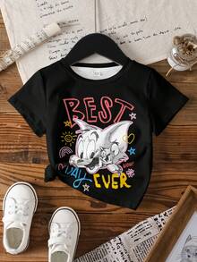 TOM & JERRY X SHEIN Áo thun in chữ hoạt hình phong cách thường ngày cho bé gái, thích hợp mặc mùa hè. - trắng - Xem 7