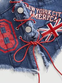 ROMWE Avant Women's Retro Motorcycle Style Back To School Collegiate Numeric & English Letter British Flag Print Sleeveless Denim Crop Top - Blue - View 3