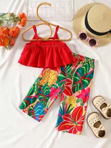 SHEIN Playful Pals 两件套女童碎花宽松吊带背心+裤子，度假风休闲夏季套装。色彩缤纷的碎花吊带背心套装，采用舒适透气的面料，宽松版型设计，适合女孩日常穿着、户外玩耍或家庭聚会。 - 彩色 - 查看 2