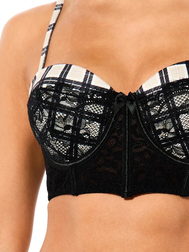 SUMWON WOMEN Check Pattern Lace Bra And Thong Set