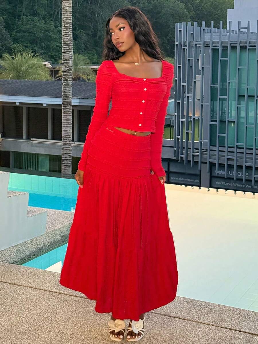 Mima John 女式粉色纹理面料休闲度假风格长袖方领纽扣上衣，带拼接设计和喇叭裙两件套，秋季 - 紅色 - 查看 1