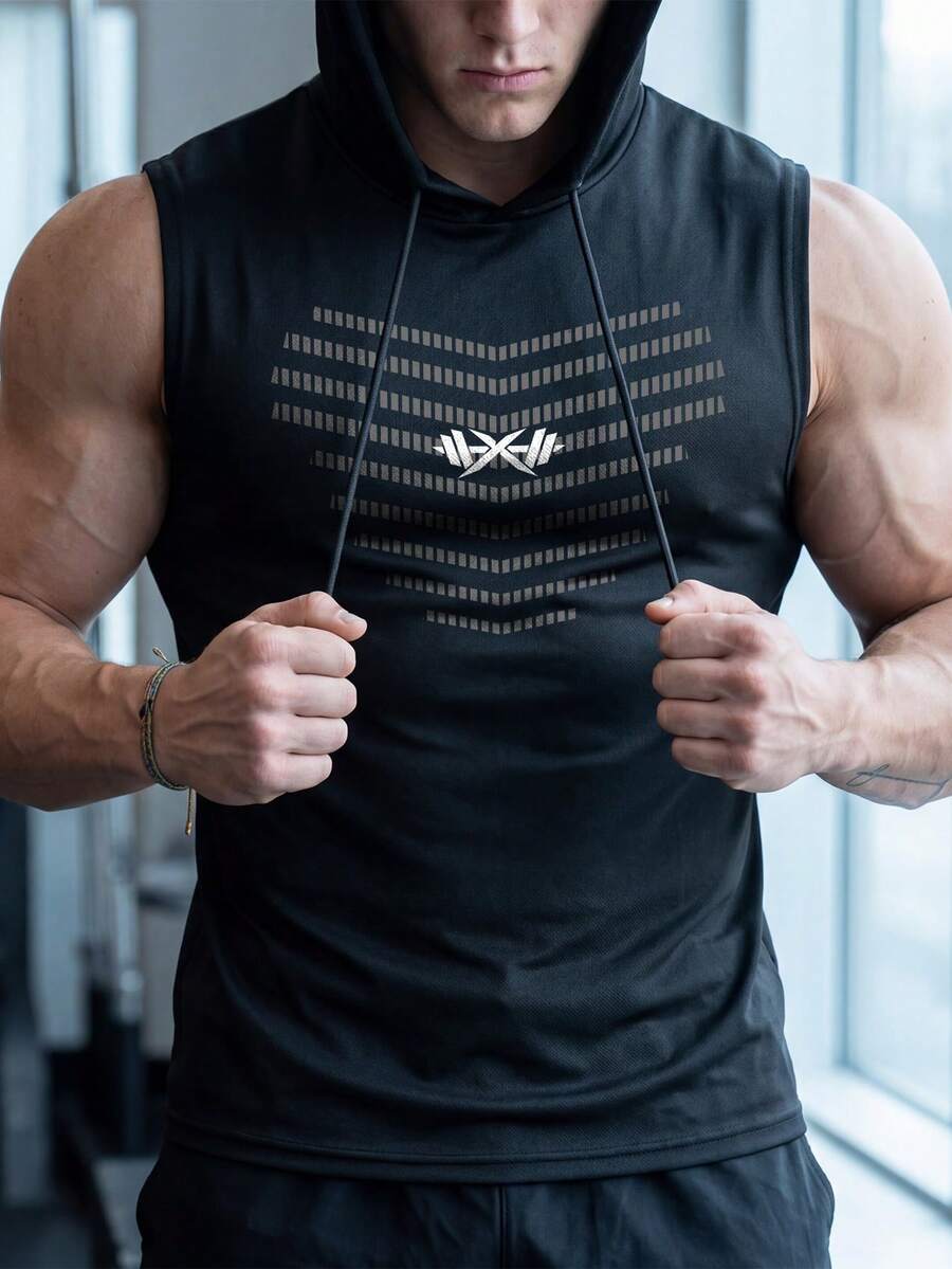 GymBeat 男士休闲运动抽绳连帽背心，健身房 - 黑色 - 查看 1