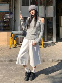 DAZY 女士休闲条纹长袖T恤，宽松版型，独特设计，春秋季款 - 灰色 - 查看 3