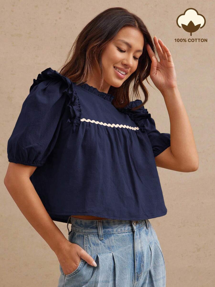 WESTFADE Áo babydoll cổ cao tay bồng xếp tầng phối viền tương phản, phong cách miền Tây dành cho nữ. - Màu xanh hải quân - Xem 1