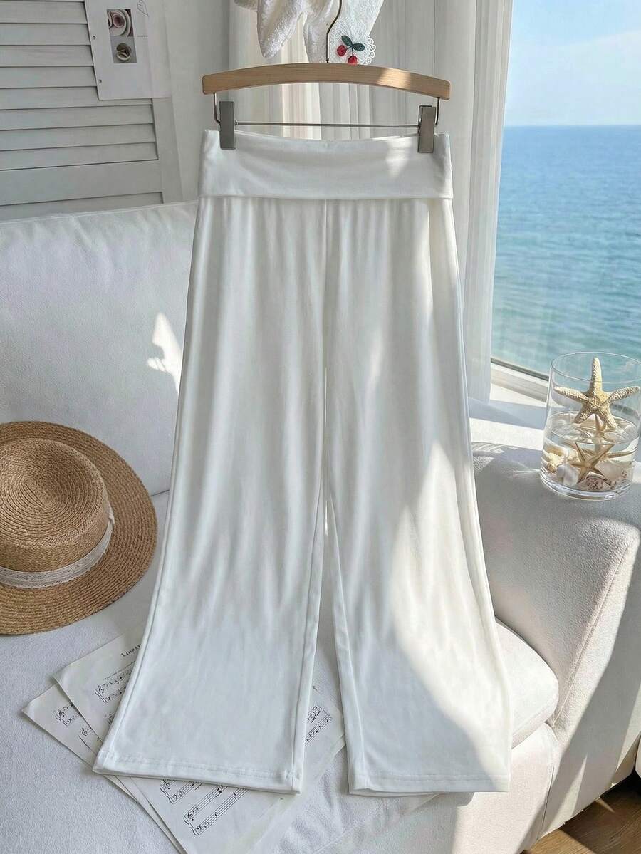 Comfortcana Quần ống rộng cạp thấp màu trơn dáng rộng dành cho nữ cỡ lớn - trắng - Xem 1