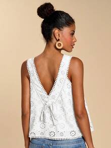Travachic Women's Solid Color Hollow Embroidered Round Neck Backless Casual Tank Top,Summer Top - White - View 3