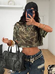 Coolane Áo thun nữ tay ngắn cổ tròn in họa tiết cây cỏ, kiểu dáng thường ngày. - xanh quân đội - Xem 4