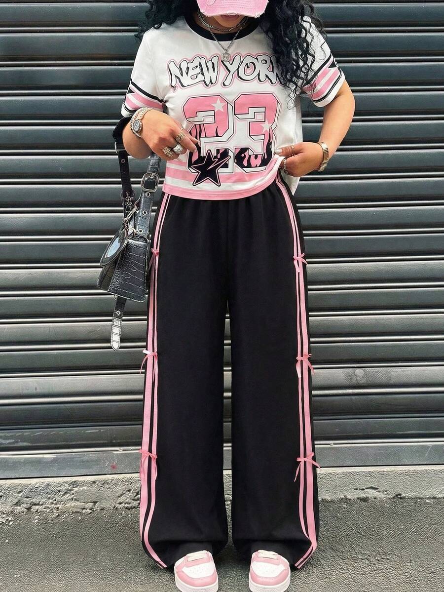 SHEIN Sparklyn 2件套少女白色短袖露脐上衣T恤和阔腿裤套装,配蝴蝶结腰带,粉色,适合春夏穿着,柔软舒适,休闲/运动风 - 彩色 - 查看 1