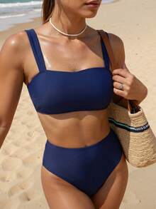 SHEIN Swim Women's Solid Color Sexy Bikini Swimsuit Sets For Summer Beach Vacation - Navy Blue - View 1