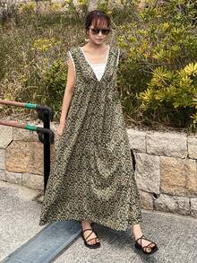 FRIFUL 女士深V领蕾丝边印花休闲简约派对外出连衣裙波西米亚风 - 綠色 - 查看 8