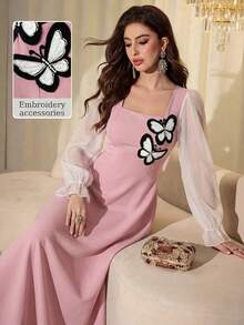 Modelyn 女士春夏长袖雪纺蝴蝶贴花腰部A字优雅连衣裙 - 粉色 - 查看 3