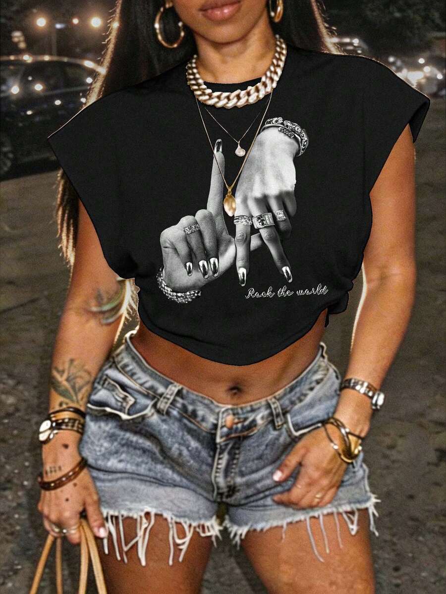 Slaydiva Women's Black And White Los Angeles Hand Gesture Graphic Sleeveless Cropped T-Shirt,Summer Streetwear Night Out Night Y2K Loose Round Neck Top Grunge - Black - View 1