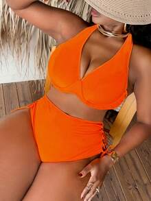 Slaydiva Plus Size Women's Solid Color Halter Tie Sexy Bikini And Triangle Panty Swimwear Set - Orange - View 5
