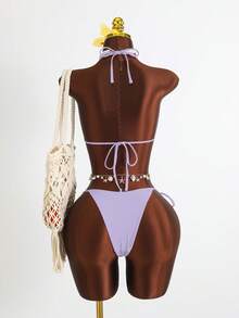 Zestiva Bộ 3 món: Áo tank-ini hai dây lưới in hoa và màu trơn cho kỳ nghỉ hè, áo bikini tam giác và quần bơi buộc dây bên hông, bộ đồ bơi tankini gợi cảm dành cho nữ. - Màu tím - Xem 4