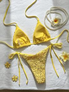 Swim MOD 2-Piece Set, Textured Glitter Halter Neck Triangle Bikini Top And Side Tie Bottoms, Sexy Women's Swimsuit Set For Spring/Summer Vacation - Yellow - View 2