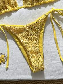 Swim MOD 2-Piece Set, Textured Glitter Halter Neck Triangle Bikini Top And Side Tie Bottoms, Sexy Women's Swimsuit Set For Spring/Summer Vacation - Yellow - View 6