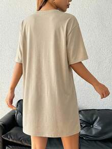 SHEIN EZwear Đầm ngắn tay cổ tròn dáng rộng thoải mái màu kaki cho nữ, thích hợp cho mùa hè. - Màu Khaki - Xem 2