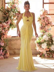 Glamrae Elegant Formal Soft Yellow Stretch Mesh Halter Neck Gown Glamorous Bodice Applique Sequins All-Over Pleats Mermaid Train Dress Wedding Guest - Mustard Yellow - View 2