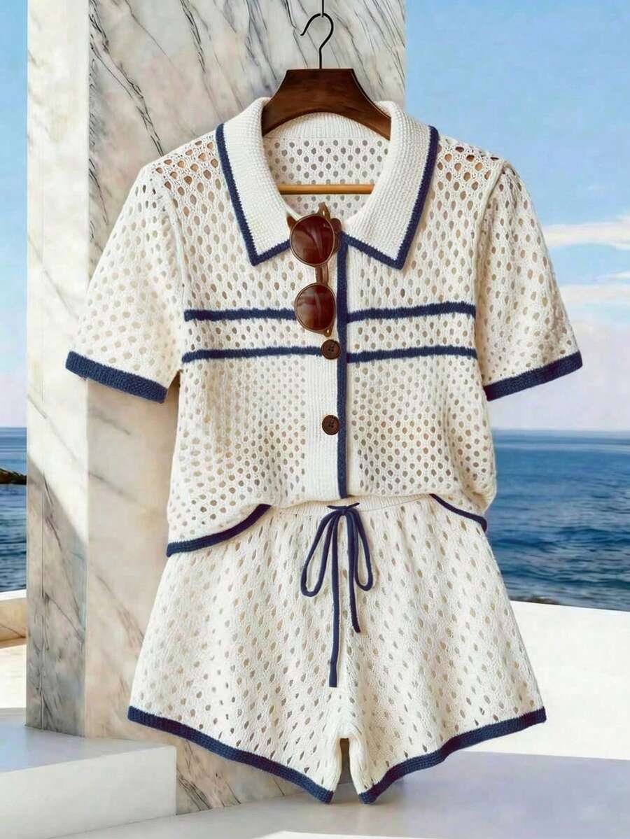 Franclia New Spring/Summer Beach Vacation Apricot Color Hollow Texture Contrast Collar Relaxed Retro Hem Casual Soft Comfortable High-End Design Daily Polo Collar Cardigan With Drawstring Shorts Women 2 Pieces Set - Beige - View 1