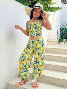 SHEIN Bộ áo liền quần kiểu dáng thường ngày cho bé gái tuổi teen, phong cách nghỉ hè thoải mái, in họa tiết cây nhiệt đới, áo hai dây, áo liền quần kiểu Hawaii. - Nhiều màu - Xem 3