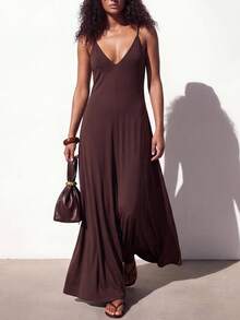 Zivah 2026春夏新品音乐节、复活节、圣帕特里克节、情人节、约会、西部风、游牧风、生日派对、毕业典礼、大学、学生、日常休闲、基础款、休闲、度假、邮轮、海滩、日光浴、爆款、街头风、婚礼宾客波西米亚风、通勤、早午餐、机场、派对、假日郊游、办公着装棕色无袖V领修身A字长裙 - 棕色 - 查看 2