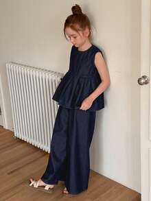 Dazy Kids 少女圆领荷叶边下摆背心和牛仔短裤套装 - 深色水洗藍 - 查看 6