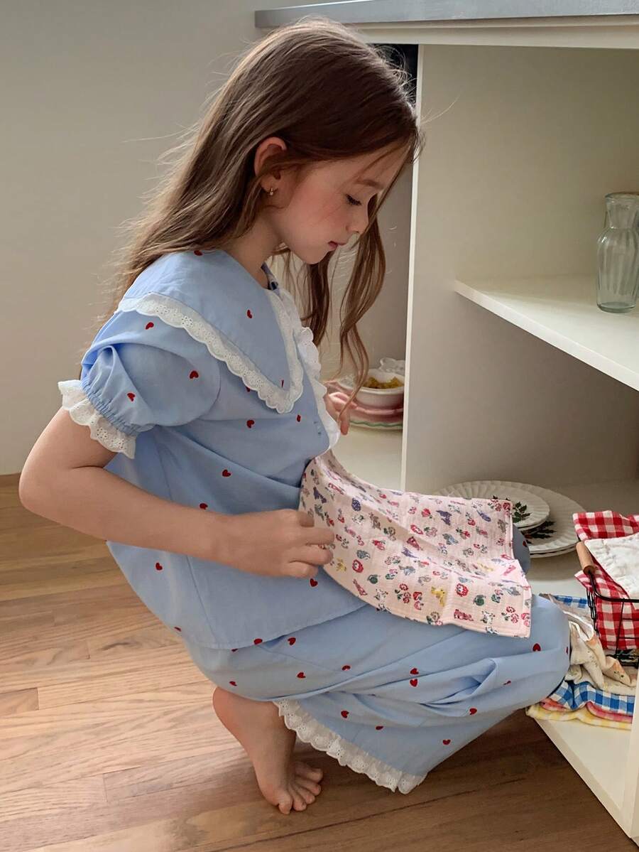 DAZY Tween Girl Fall Clothes, Tween Girls Heart Pattern All-Over Print Contrast Trim Loungewear Set Summer - Blue - View 1