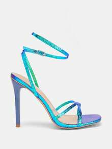 Glitzique Women's Fashion High Heel Shoes, Leather Anti-Explosion Flat Strap Sandals, Minimalist Square Toe Sandals, Black Lacquer Heel Sandals, Thin Heel High Heel Sandals, Summer Outdoor Regular Sandals, Women Black Sandals,Stiletto Heels - Blue - View 6