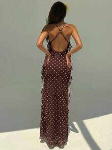 Aloruh Women's Spring/Summer New Brown & White Polka Dot Ruffled Collar Bodycon Dress,Summer Dresses For Women - Brown - View 2