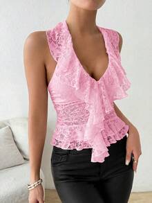 SHEIN Unity Tank Top Halter Berkerah V dengan Hiasan Renda untuk Wanita, Cocok untuk Pesta Liburan - Berwarna merah muda - View 5