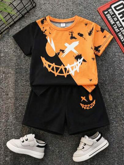 SHEIN Bubblio 男童休闲舒适卡通图案印花圆领宽松套头短袖T恤和短裤两件套，面料柔软，适合日常穿着、外出、户外活动、度假、派对、暑假、春夏穿着。