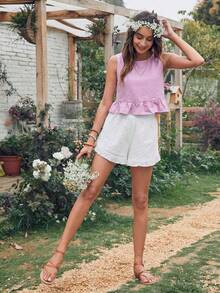 SHEIN Holidaya 女士纯色圆领荷叶边下摆无袖衬衫 - 粉色 - 查看 6