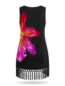 Swim Lushoire Women's Summer Round Neck Sleeveless Tassel Hem Placement Print Chiffon Dress, Carnival - Black - View 7
