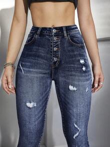 SHEIN PETITE Jeans pitillo de mujer con bolsillos y efecto desgastado, de moda para uso diario - Azul - Ver 5