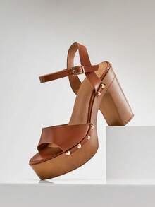SHUZIA Chunky Platform Open Toe Block Heels Summer Shoes Spring Shoes Spring Break Easter Wedding Shoes For Christmas Valentine's Day - Brown - View 3