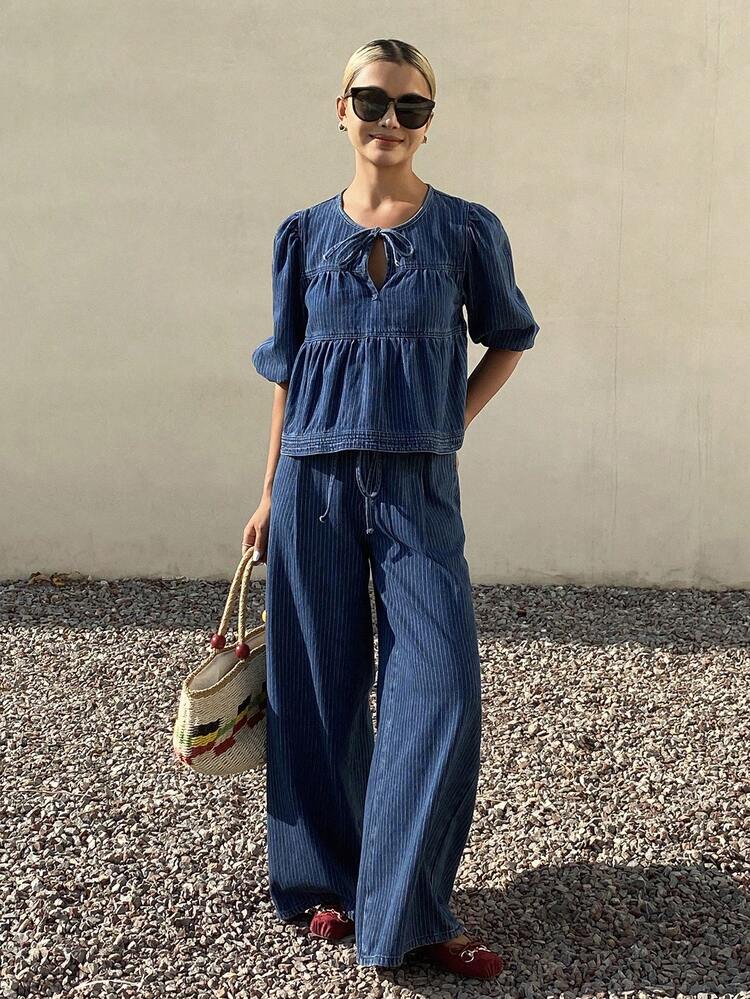 Women's Casual Petal Sleeve Top And Denim Skirt Set, Summer Holiday Outfit