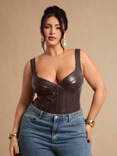 SHEIN BAE Plus Size Women Solid Color Lace PU Leather Camisole Bodysuit