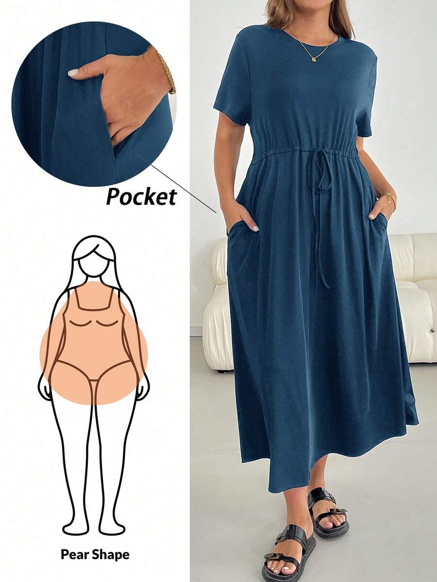 SHEIN Essnce 大码女式夏季连衣裙，短袖连衣裙，黑色连衣裙，休闲女装夏季连衣裙，适合度假穿着 - 霧霾藍 - 查看 1
